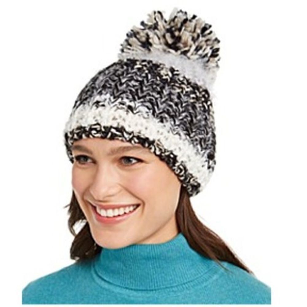 INC Striped Black and White Mega-Pom Beanie Hat